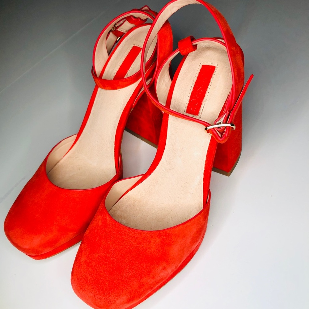 TopShop Suede Red Scarlet Chunky Platform Heels - Picture 12 of 13